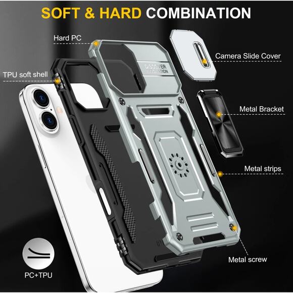 iPhone 14 Pro Max Military Grade Ring Holder Silver Case with Camera Lens Cover - Picture 8 of 10